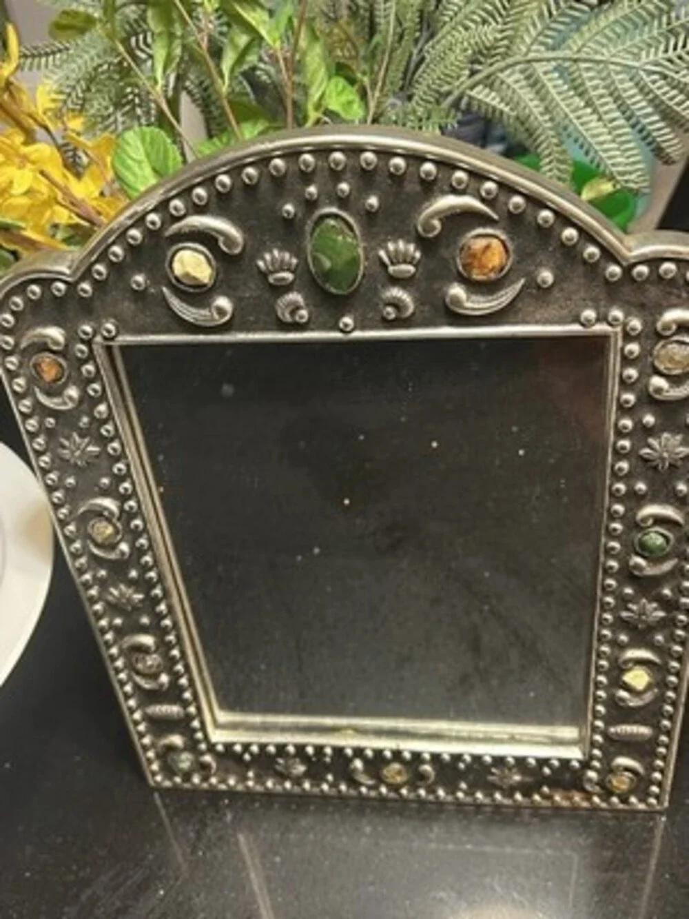 Vintage Moroccan Style Arched Metal Mirror – Handcrafted with Gemstone Hermitage